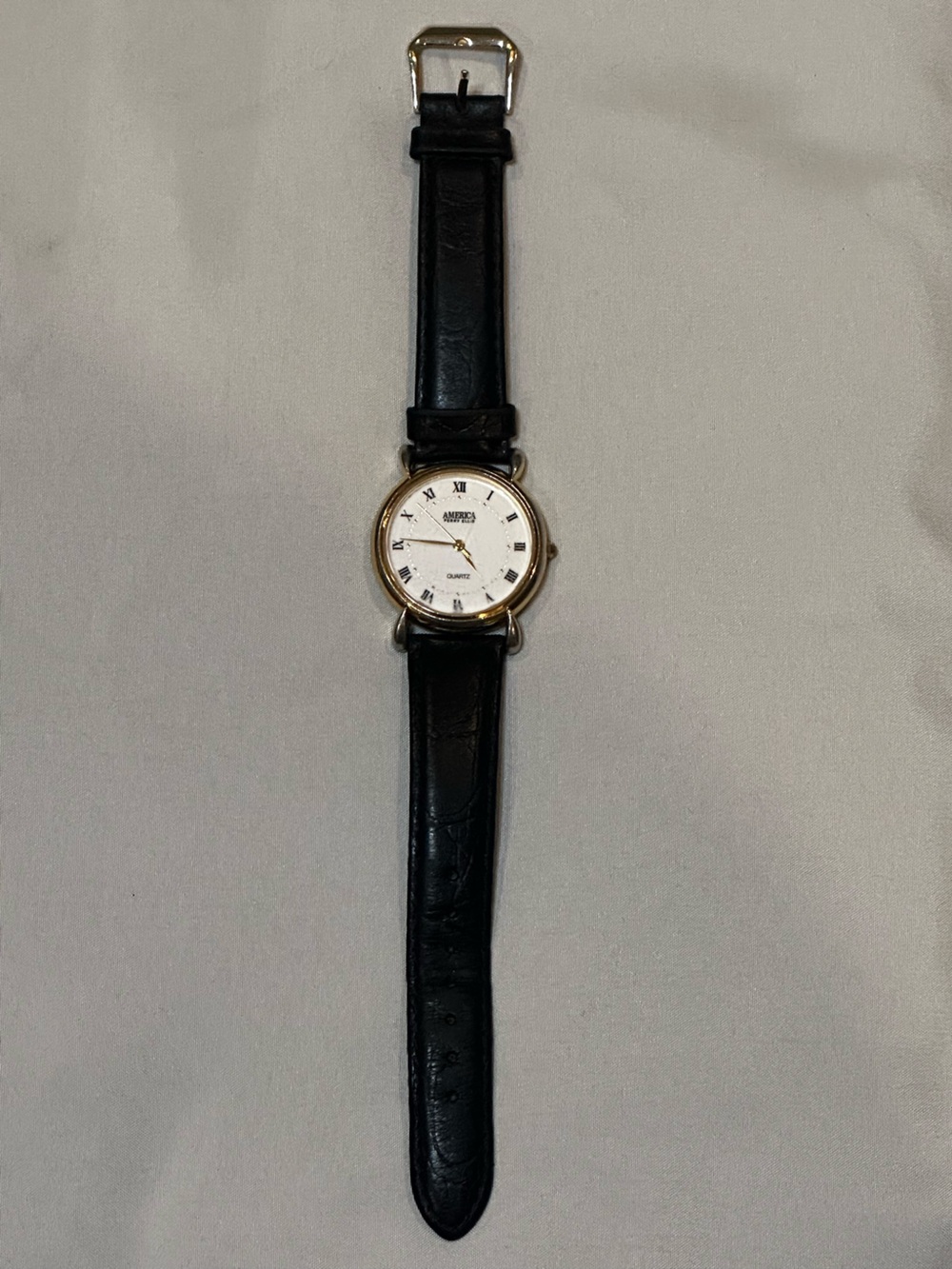 Men’s Perry Ellis Gold-Tone Case Watch with Black Leather Strap